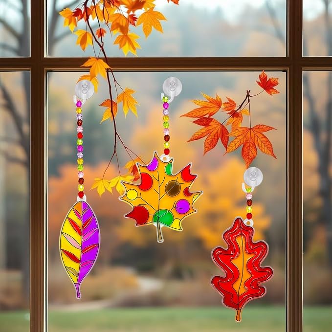 AUEKIV Suncatcher Kit 32 Sets Fall Leaf Suncatchers Window Art Paint Sun Catcher DIY Craft Kits Autumn Maple Leaf Sun Catchers Bulk for Thanksgiving Harvest Party Art Project Decoration
