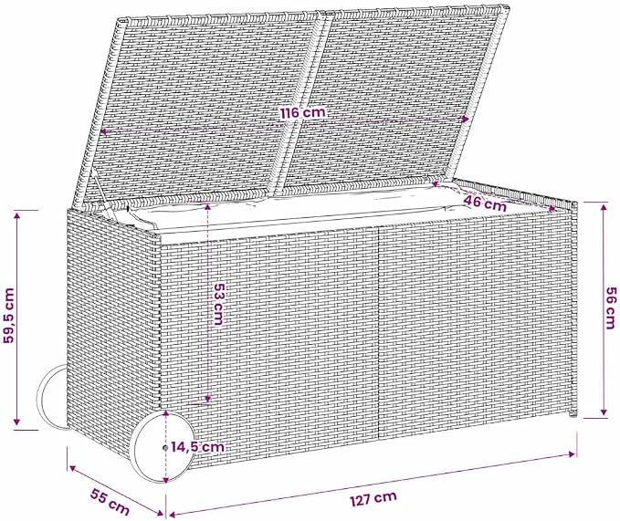 Garden Storage Box with Wheels Gray 74.8 Gal Poly Rattan Patio Deck Yard Bin Container Chest Trunk Weather Resistant Lockable Resin Wicker Plastic Cushion Organizer
