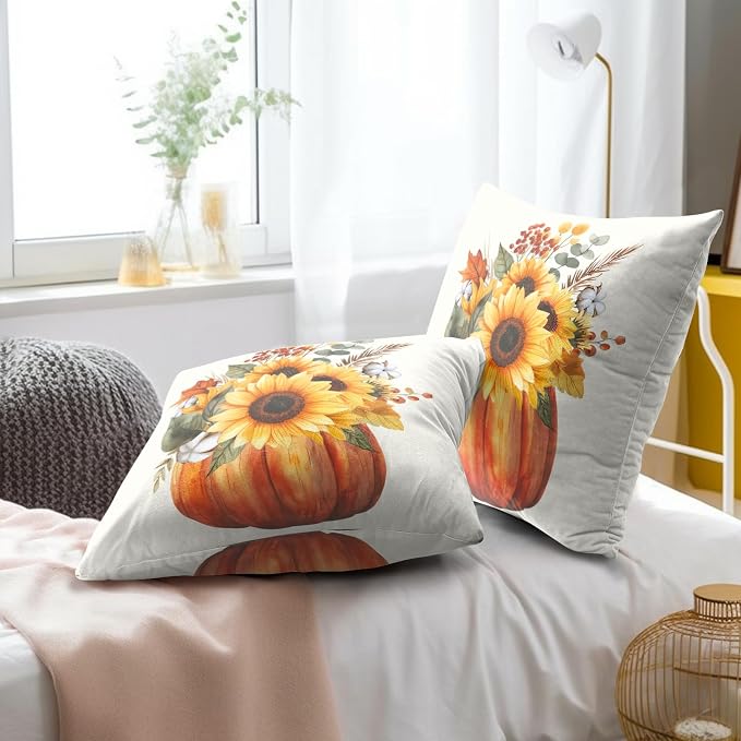 Fall Throw Pillow Covers 16x16 Set of 2, Pumpkin Sunflower Leaves Autumn Season Farmhouse Decorative Pillow Cases for Sofa Bed Couch Harvest Thanksgiving Day Outdoor Home Decor