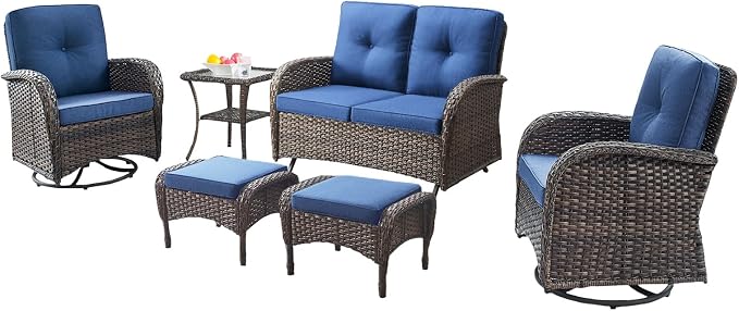 Belord 6 Piece Patio Conversation Sets - Wicker Patio Furniture Sets with Outdoor Swivel Rocker Chairs, Glider Loveseat Perfect for Patio Deck Backyard, Brown Wicker Blue Cushion