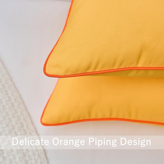 LIGICKY Pack of 2 Yellow Outdoor Waterproof Throw Pillow Covers Decorative Orange Edge Square Pillows Cushion Case Outside Pillowcase for Patio Couch Tent Sunbrella (18x18 inch)