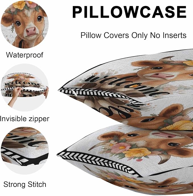 Funny Cow Outdoor Pillow Covers 24x24 Inch Throw Pillow Covers Set of 2 Waterproof Decorative Pillow Cases Cute Animal Flowers Wreath Welcome Text Black Gray Cushion Covers for Patio Furniture Garden