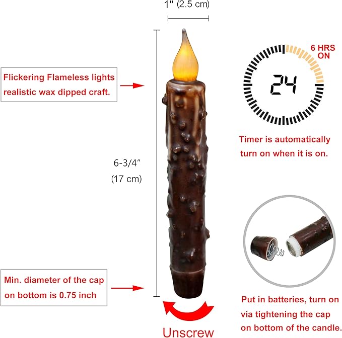 CVHOMEDECO. Real Wax Hand Dipped Battery Operated LED Timer Taper Candles Country Primitive Flameless Lights Décor, 6-3/4 Inch, Brown, 2 PCS in a Package