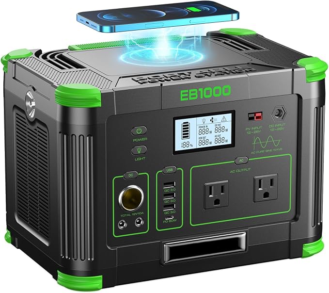 Portable Power Station 1000W, 999Wh Solar Powered Generator with 120V AC Outlet, PD 60W Fast Charging Backup Lithium Battery Pack Power Supply for Outdoor Home Camping Travel Emergency RV Van