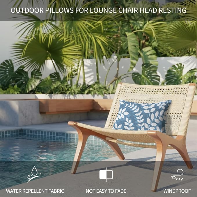 Outdoor Lumbar Pillow Set of 2, Lake Blue Leaves Waterproof Beach Headrest Pillow with Inserts, Farmhouse Botanical Branch Vintage Boho Leaf Recliner Throw Pillows for Patio Furniture, 11 x 16
