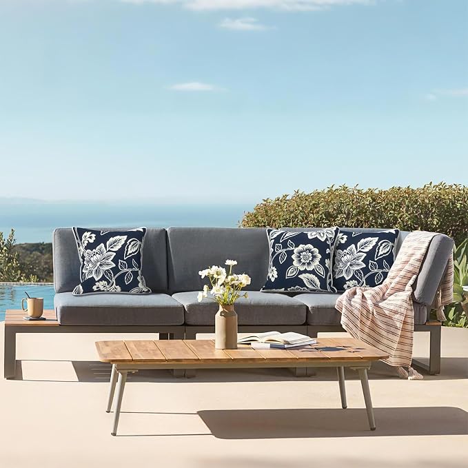 LVTXIII Outdoor Pillow Covers 16x16, Patio Waterproof Throw Pillow Cases Fade Resistant Accent Pillow Covers for Spring Summer Garden Decoration, Set of 2, Elegant Vines Navy