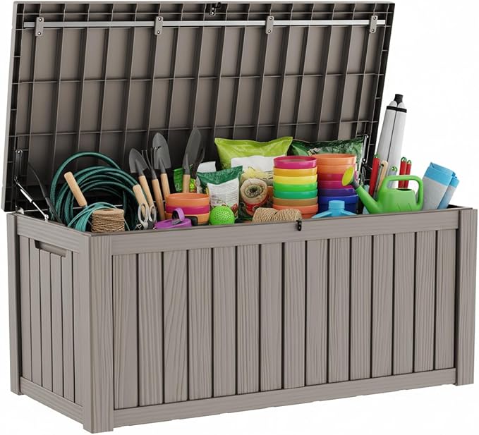 LAUSAINT HOME 120 Gallon Resin Deck Box, Package Delivery Box with Lockable Lid, Waterproof Outdoor Storage Box For Garden Tools, Patio Cushions(120 Gallon,Grey)