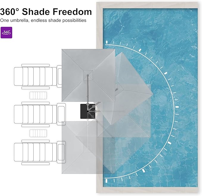 PURPLE LEAF Patio Umbrella 9' X 11.5' Cantilever Umbrella with Central Lights and Base Aluminum Outdoor Umbrellas with 360-degree Rotation & UPF40+ Fabric for Deck Pool Garden Yard, Pebble Grey