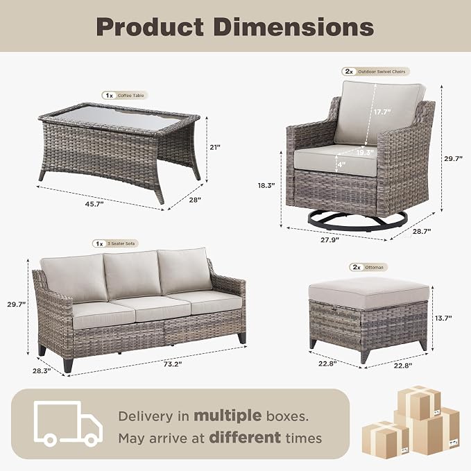 Belord Patio Wicker Swivel Rocker Patio Chairs with Coffee Table and 3-Seater Sofa, Outdoor Furniture Set for Deck Porch Garden, 6 Piece Luxury Patio Furniture Set, Beige