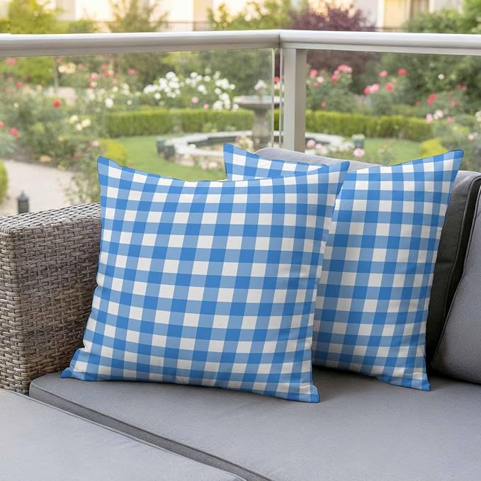 Sky Blue Checks Outdoor Pillow Covers 20"x20" Set of 2, White Gingham Plaid Abstract Modern Coastal Waterproof Throw Pillow Covers for Patio Furniture, Decorative Cushion Covers for Porch