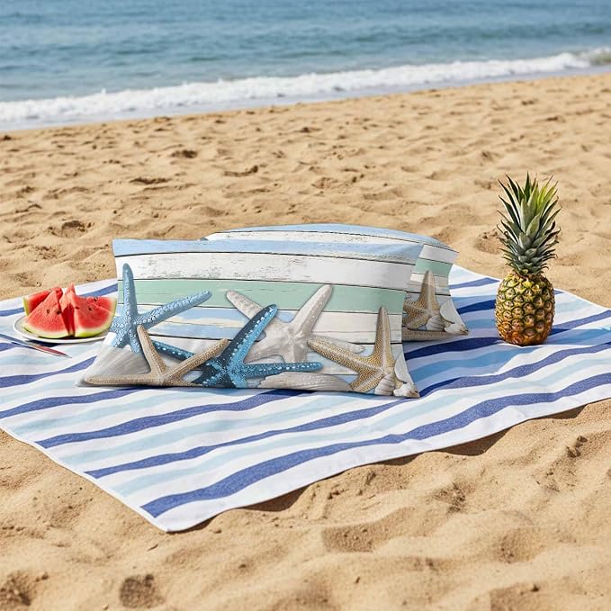 Outdoor Waterproof Pillow Covers Coastal Blue White Starfish Shell Pack of 2 Lumbar Pillow Cover Wood Grain Decorative Cushion Pillowcases for Patio Couch Bench Garden 12 x 20 Inches