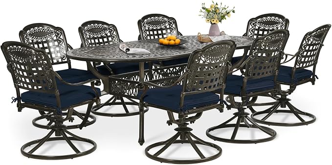 9-Piece Patio Dining Set, Outdoor Patio Table and Chair Set of 84” Oval Cast Aluminum Dining Table with Umbrella Hole, 8 Patio Dining Swivel Chairs Padded, Patio Funiture Set, Navy