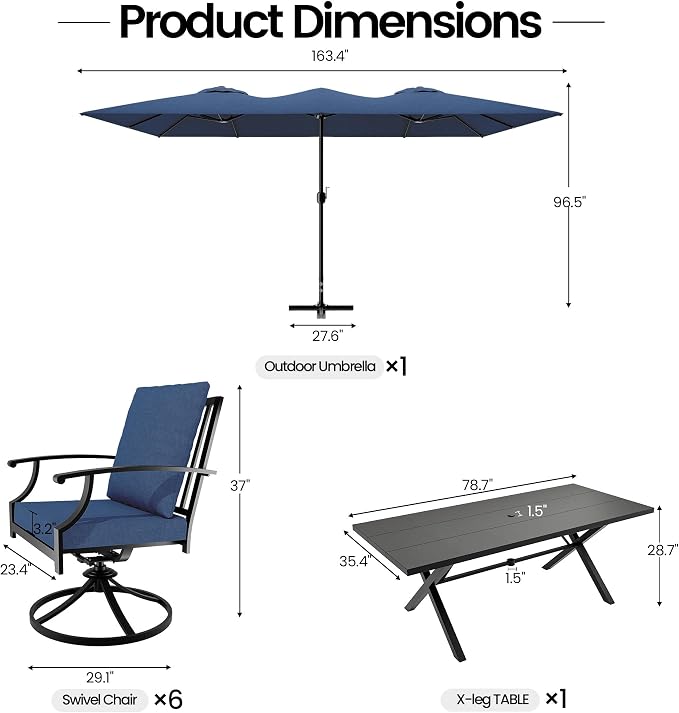 8 PCS Outdoor Patio Dining Set with 13.6ft Double-Sided Patio Umbrella,Patio Table and Chairs Metal Outdoor Patio Furniture Set,Dining Table Set with 6 Swivel Chairs,Navy Blue