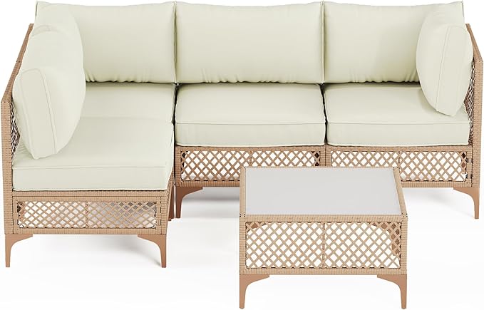 5-Piece Generous Patio Furniture Set, Wicker Outdoor Sectional Set with Large Tempered Glass Coffee Table, Boho Patio Conversation Couch Set with Thickened and Enlarged Cushion and Throw Cushion