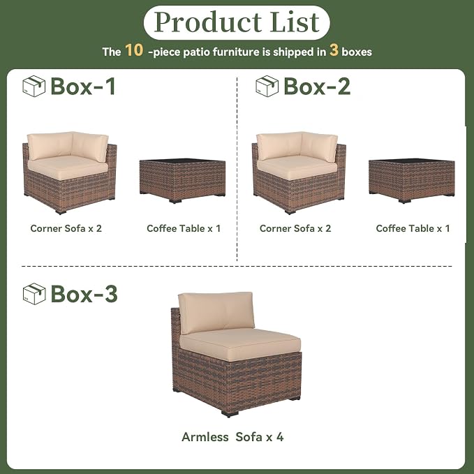 Aoxun 10 Piece Patio Furniture Set Wicker Rattan Patio Conversation Set Outdoor Sectional Sofa Set with Coffee Table and 4” Thickened Cushions, Beige