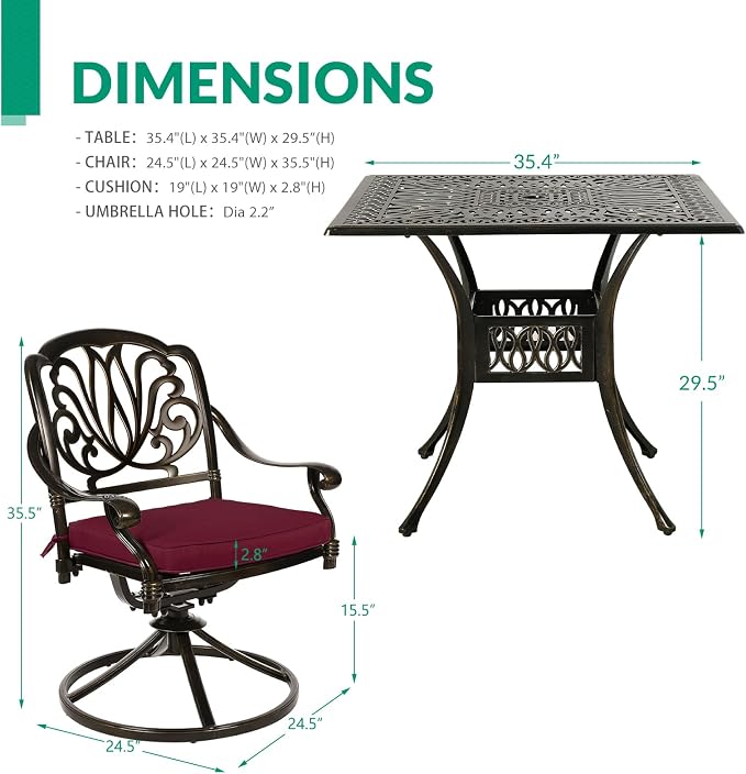 VIVIJASON 5-Piece Outdoor Patio Dining Set, All-Weather Cast Aluminum Conversation Set, Patio Furniture Set, Include 4 Swivel Dining Chairs, a 35.4" Square Table w/Umbrella Hole, Red Cushion