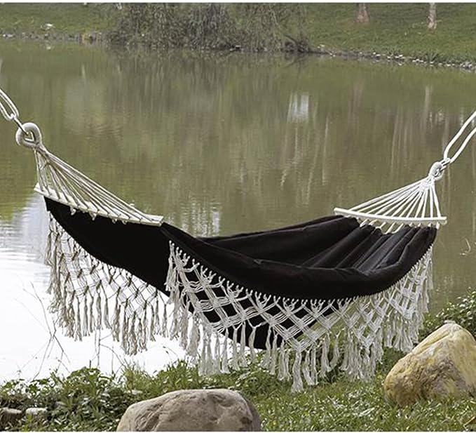 Handmade Cotton Woven Hammock, Balcony Hanging Rope Swing with Tassels, Portable Camping Double Boho Canvas Hammocks for Indoor Outdoor Patio Yard Garden(200x150cm/78.7x59in, Black)