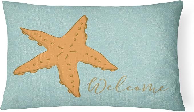 Caroline's Treasures BB8559PW1216 Starfish Welcome Canvas Fabric Decorative Pillow Machine Washable, Indoor Outdoor Decorative Pillow for Couch, Bed or Patio, 12HX16W