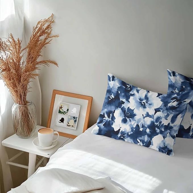 Abstract Watercolor Flower Art Outdoor Pillow Covers Set of 2,Decorative Waterproof Throw Pillow Case, Natural Blue White Floral Cotton Linen Soft Cozy Cushion Pillowcases