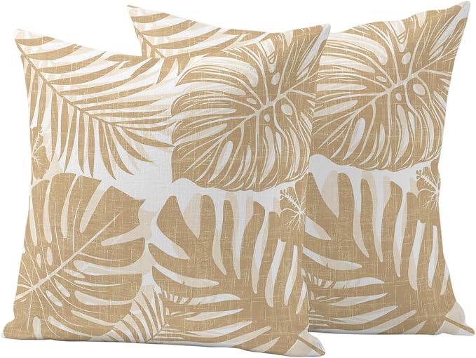 Khaki Palm Leaves Outdoor Pillow Covers 24"x24" Set of 2, Tropical Botanical Minimalist Modern Waterproof Throw Pillow Covers for Patio Furniture, Decorative Cushion Covers for Porch