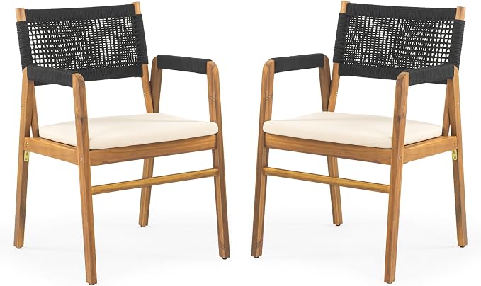 Christopher Knight Home Pasco Acacia Wood Outdoor Dining Table Set for 6, Wicker Patio Dining Set with Acacia Wood Table and Bench, Patio Table and Chair Set with Cushion+Rope Backrest,Black+Teak+Grey