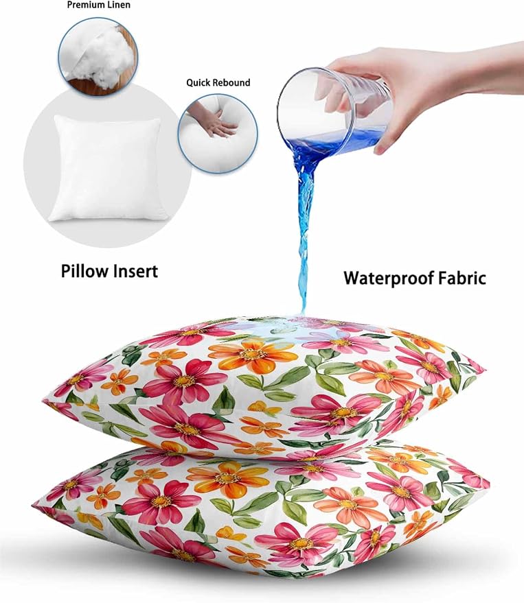 Outdoor Waterproof Throw Pillows Spring Watercolor Wild Flower Patio Pillows Pack of 2,Decorative Pillow Covers with Insert,Pillow Cushion Case for Garden Couch Sofa Country Small Pink Flower