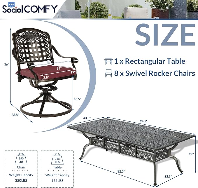 9-Piece Patio Cast Aluminum Dining Set, Outdoor Table and Chairs Set for 8, Includes 94.5" Rectangular Dining Table and 8 Swivel Rocker Chairs with Umbrella Hole for Lawn Garden, Red