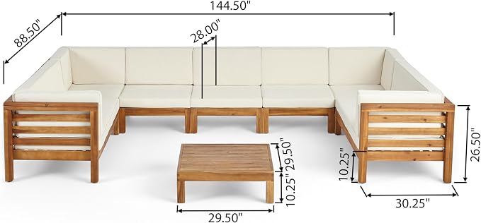 Christopher Knight Home Oana Outdoor 9 Seater Acacia Wood Sectional Sofa Set, Teak Finish and Beige