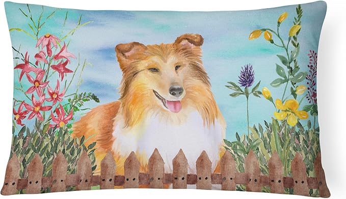 Caroline's Treasures CK1282PW1216 Sheltie Spring Canvas Fabric Decorative Pillow Machine Washable, Indoor Outdoor Decorative Pillow for Couch, Bed or Patio, 12HX16W