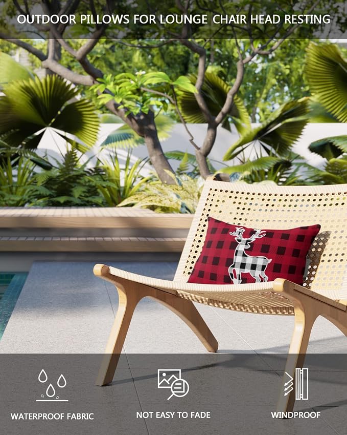 Outdoor Pillows Covers with Inserts Black and Red Plaid Forest Animal Runner Elk Waterproof Recliner Pillow with Adjustable Strap Throw Pillows for Patio Furniture Pool Lounge Chair, 11x16 inch, 1PCS