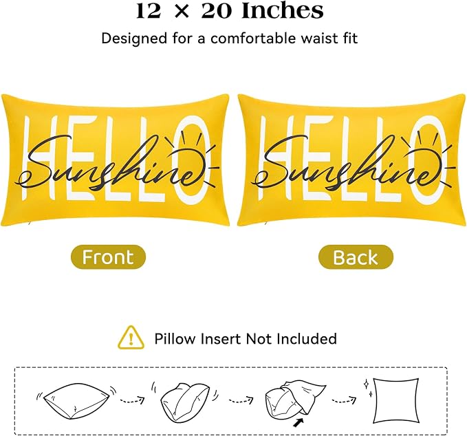 Lewondr Waterproof Outdoor Throw Pillow Cover, 12×20", Yellow | 2 Pack, Hello Sunshine Printing, Summer Garden Decor, For Patio Sofa, Balcony Couch, Bench Porch