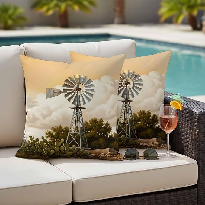 Windmill Outdoor Pillow Covers 18"x18" Set of 2, Windmill Farmhouse Sunset Field Trees Rustic Waterproof Throw Pillow Covers for Patio Furniture, Decorative Cushion Covers for Porch