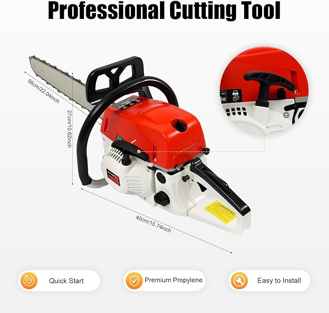 52cc 22 Inch Chainsaws, 2-Cycle Single Cylinder Gasoline Powered Chain Saws 2kw Gas Power Chainsaws Set for Trees Wood Farm Garden Ranch Forest Cutting (22in 52cc)