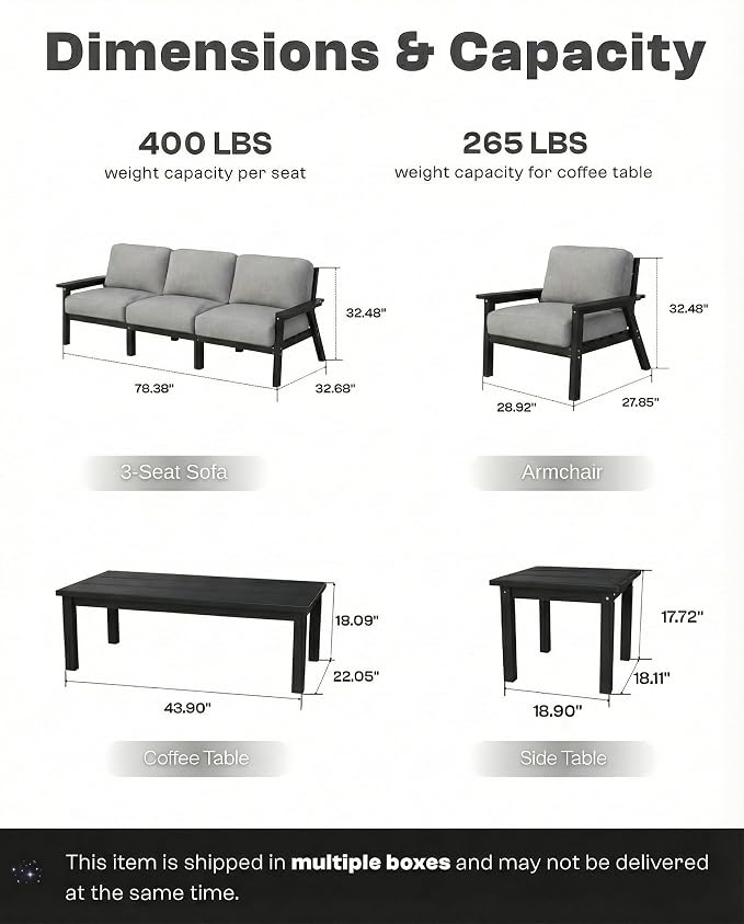 7 Piece Patio Furniture Set, HDPE Outdoor Sectional with Gray Washable Thick Cushions, Coffee Table, Patio Conversation Sets for Lawn, Garden, Porch, Balcony (Black Frame)