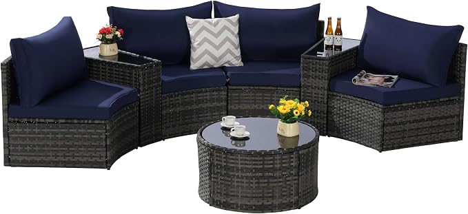 KEIKI 7-Piece Half-Moon Outdoor Patio Furniture Set, Rattan Patio Conversation Set with Coffee Table & 2 Sofa Side Table & 4 Curved Armless Sofa, Wicker Curved Sectional Sofa Set, for Backyard, Blue