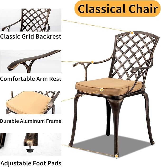 VINGLI 5-Piece Outdoor Patio Dining Set, Cast Aluminum All-Weather Outdoor Table and Chairs w/Cushion, Outdoor Furniture Set w/Umbrella Hole for Backyard Deck Poolside (Square, Grid Back)