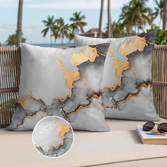 Abstract Marble Texture Outdoor Waterproof Throw Pillow Covers Set of 2, 20"x20", Grey White Gradient Gold Crack Art Decorative Pillow Covers Outside Cushion Case for Patio Porch Garden