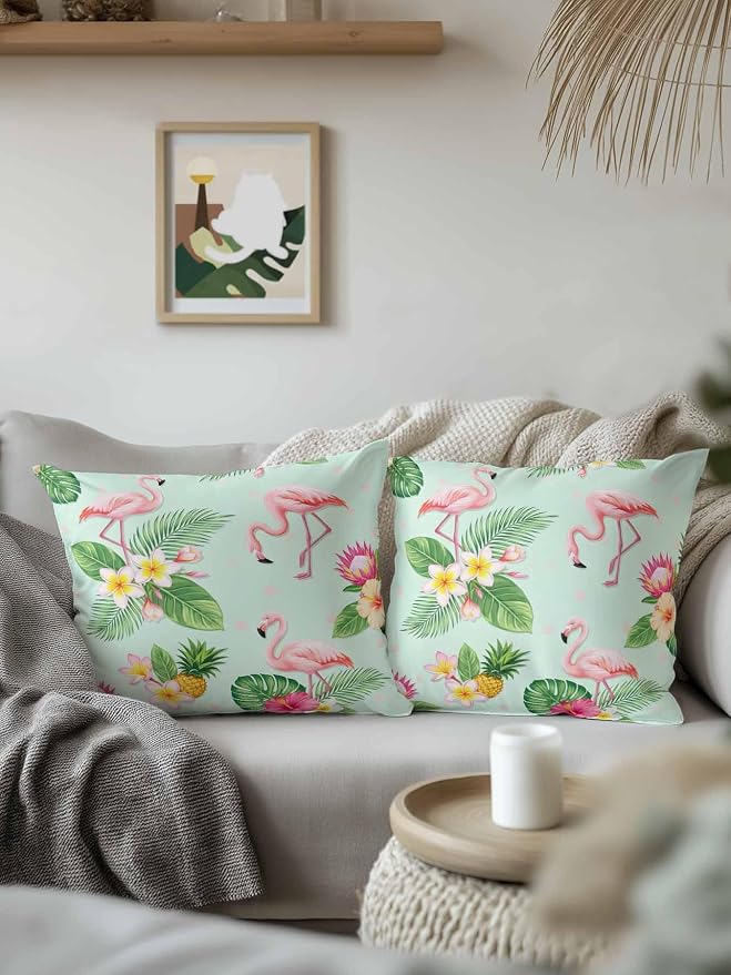 Outdoor Waterproof Throw Pillows 18x18in, Summer Flamingos Tropical Leaf Patio Pillows Pack of 2, Decorative Pillow Covers with Insert, Pillow Cushion Case for Garden Couch Sofa Pink Flower Pineapple
