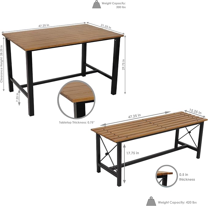 Sunnydaze Indoor or Outdoor 3-Piece Dining Table Set - European Chestnut Patio Dining Table with Benches - 47.25-Inch x 15.25-Inch