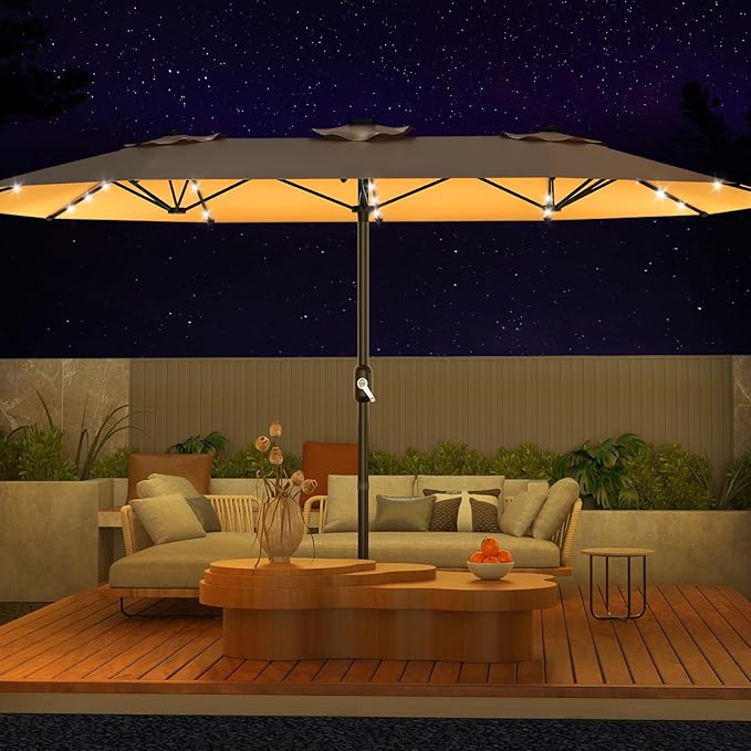 15FT Solar Patio Umbrella with 36 LED Lights, Weighted Base Included, Tilt and Crank Market Umbrella for Backyard, Garden, Deck, Pool, Beach