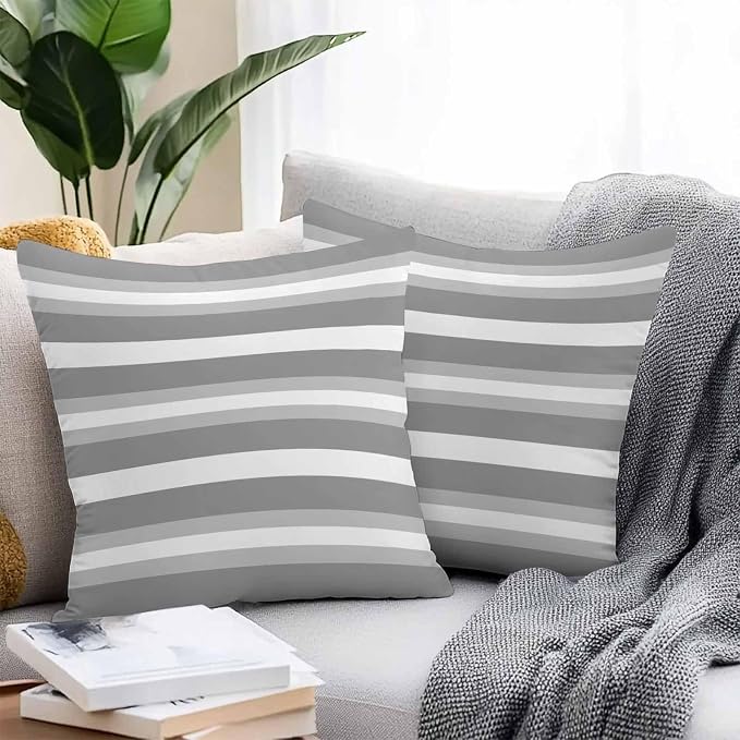 Throw Pillow Covers 16x16 Inch Set of 2, Grey Stripe Waterproof Outdoor Pillow Covers, Minimalist Farmhouse Striped Decorative Cushion Pillowcases for Couch, Sofa, Bed, Garden, Patio