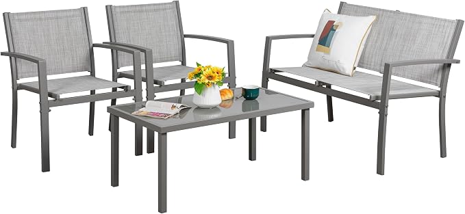 Vongrasig 4 Pieces Patio Furniture Sets,Outdoor Patio Conversation Sets with Glass Coffee Table, Small Porch Balcony Furniture, Patio Table and Chairs Set for Garden, Backyard (Silver)