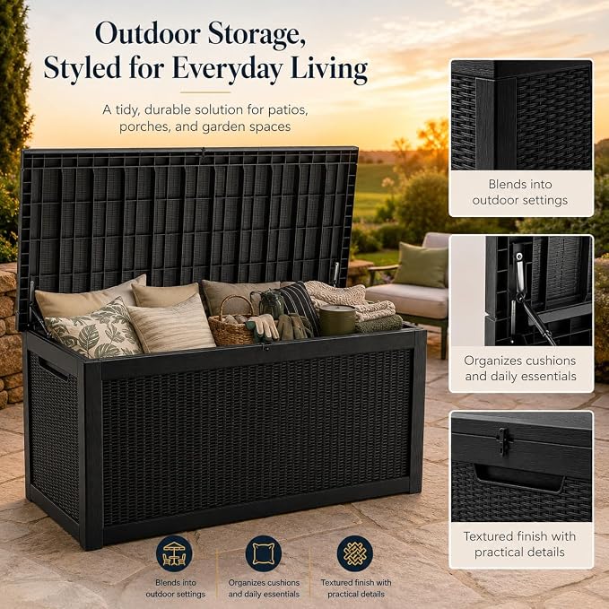 Outdoor Deck Patio Storage Box - 325 Gallon Extra Large Resin Wicker Yard Storage Bin with Lid for Furniture Cushions, Pool Floats, Garden Tools & Outside Toy Storage, Black