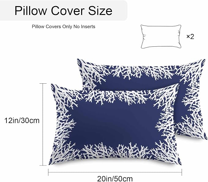 Vandarllin Outdoor Throw Pillows Covers 20x12 inch Set of 2 Waterproof Navy Blue Coral Decorative Zippered Cushion Covers for Patio Furniture, Coastal Marine Life Lumbar Pillowcases