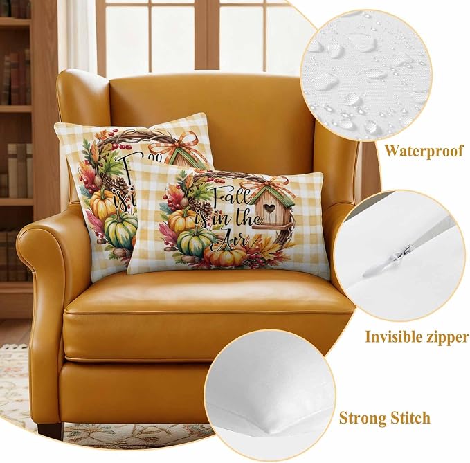 Fall Pumpkin Waterproof Outdoor Pillow Covers Set of 2 Home Decor, Thanksgiving Orange Check Maple Cabin Pillowcase Patio Pillow Covers for Couch Bench Furniture Garden 26x26in