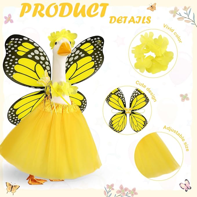 5pcs Butterfly Porch Goose Outfit Costume Tutu Skirt Butterfly Wing Wand Flower Crown for 17‘' 23‘' Cement Goose