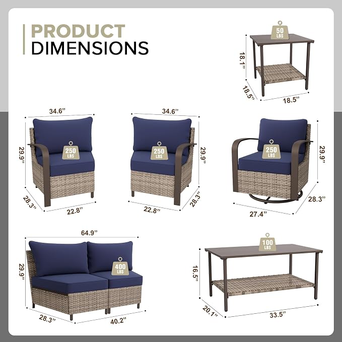 COOS BAY Aurora Terrace 7 Piece Outdoor Sectional Furniture Set, Half Moon Rattan Wicker Conversation Set with Swivel Chairs, 4 Seat Sofa, Coffee & Side Table for Patio Garden Yard, Beige/Blue
