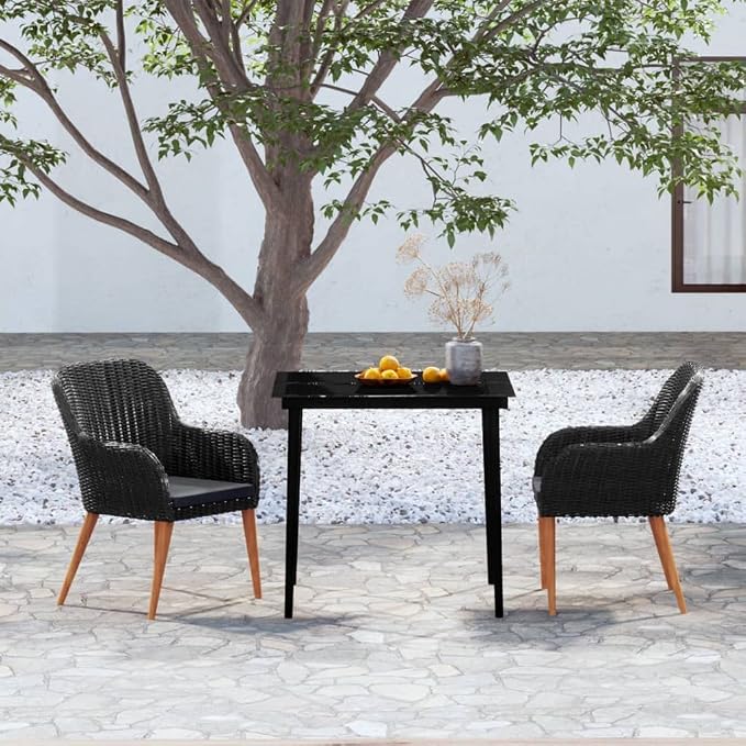 3 Piece Patio Dining Set with Cushions, Outdoor PE Rattan Bistro Table and Chairs for Garden, Backyard, Balcony, Steel Frame Wicker Conversation Furniture Set, Black