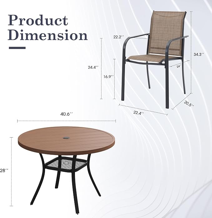 5 Pieces Outdoor Dining Set, Stackable Textilene Paito Chairs & 40.6" Round Dining Table with Umbrella Hole and Shelf, Patio Dining Set for Backyard, Deck, Garden, Brown & Walnut