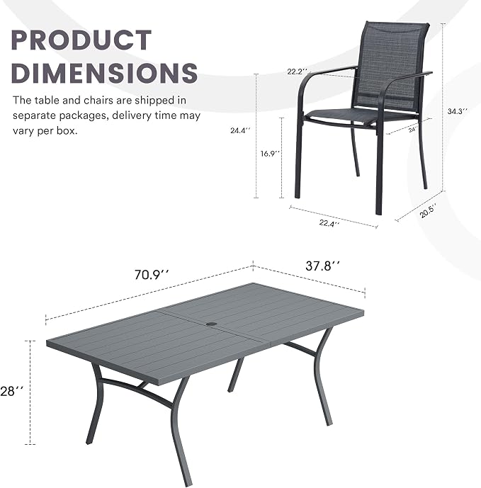 9 Pieces Patio Dining Set, 71" Rectangular Dining Table with Umbrella Hole, 8 Stackable Textilene Fabric Chairs, Metal Structure for Patio, Porch, Garden(Grey Table, Black Chair)